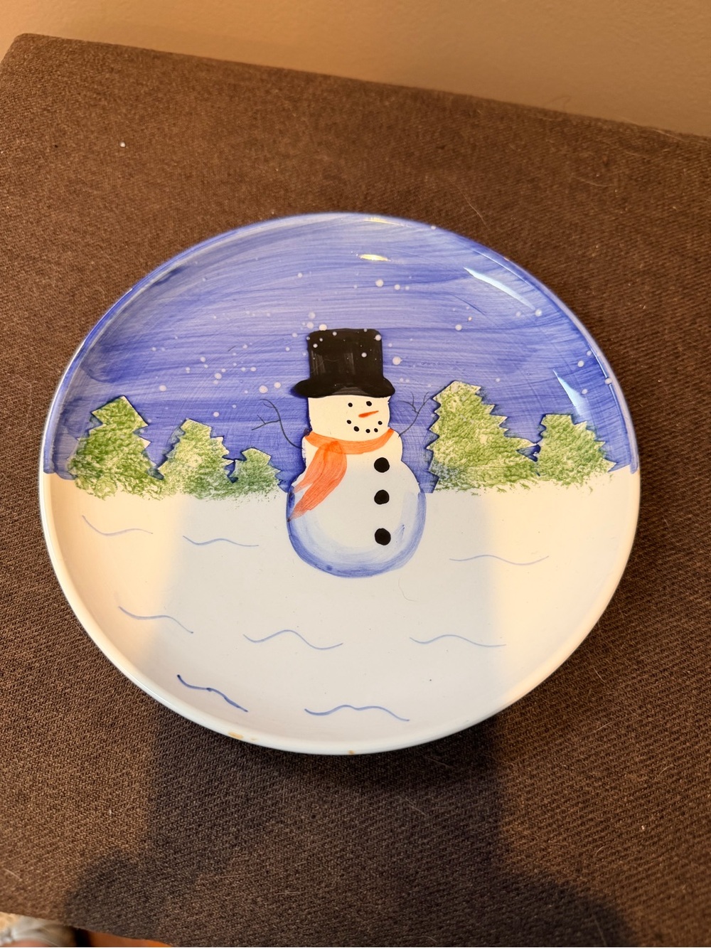 Hand-Painted Snowman Decorative Plate in Blue and White